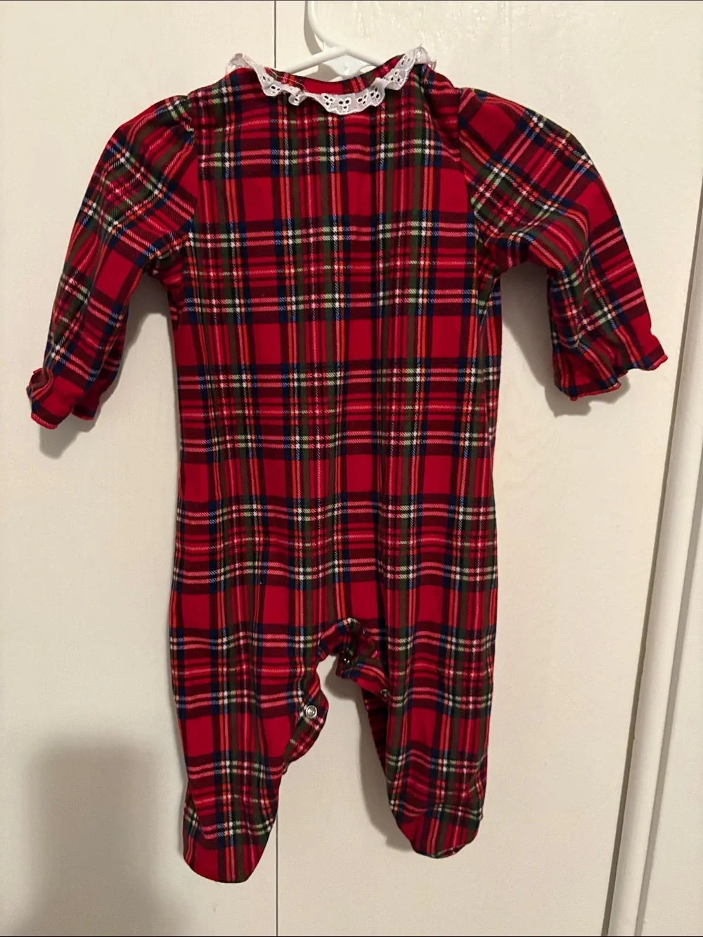 Little Me Red Plaid Footed One-Piece with White Lace Trim